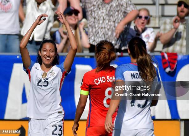 Christen Press of USA reacts after scoring a goal against Korea Republic during their game at WakeMed Soccer Park on October 22, 2017 in Cary, North...