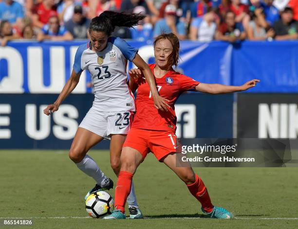 Christen Press of USA battles for the ball with Jang Selgi of Korea Republic during their game at WakeMed Soccer Park on October 22, 2017 in Cary,...