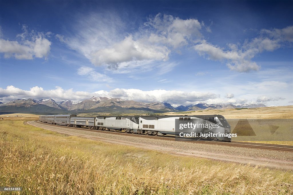 Train moving through rural field