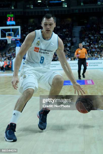 Jonas Maciulis of Real Madrid during the ACB basketball league match held between Real Madrid and Unicaja Malaga at the Sports Palace in Madrid,...