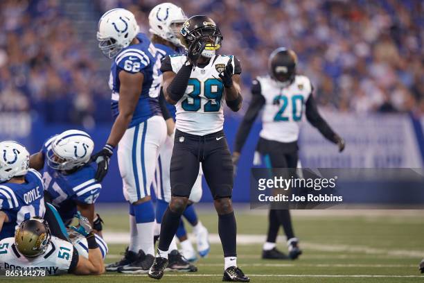 Tashaun Gipson of the Jacksonville Jaguars celebrates against the Indianapolis Colts during the first half at Lucas Oil Stadium on October 22, 2017...