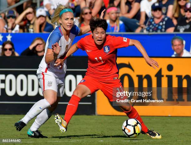 Julie Ertz of USA defends Lee Geummin of Korea Republic during their game at WakeMed Soccer Park on October 22, 2017 in Cary, North Carolina. The USA...