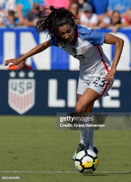 Christen Press of USA moves the ball against Korea Republic during their game at WakeMed Soccer Park on October 22, 2017 in Cary, North Carolina.