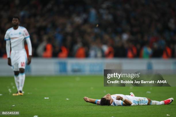 Hiroki Sakai of Marseille reacts at full time during the Ligue 1 match between Olympique Marseille and Paris Saint Germain at Stade Velodrome on...