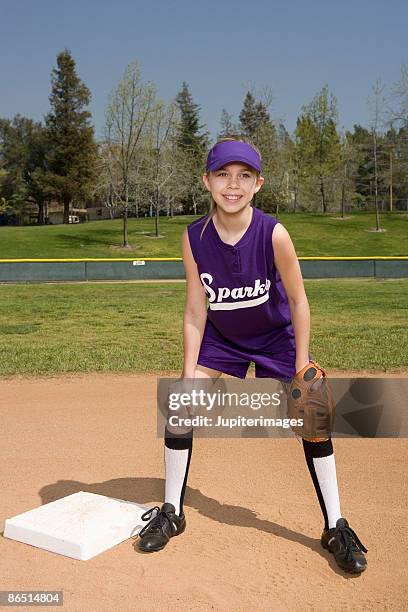 little league player by base - girls softball stock pictures, royalty-free photos & images