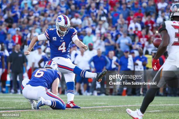 Stephen Hauschka of the Buffalo Bills kicks the game winning field goal during the fourth quarter of an NFL game against the Tampa Bay Buccaneers on...