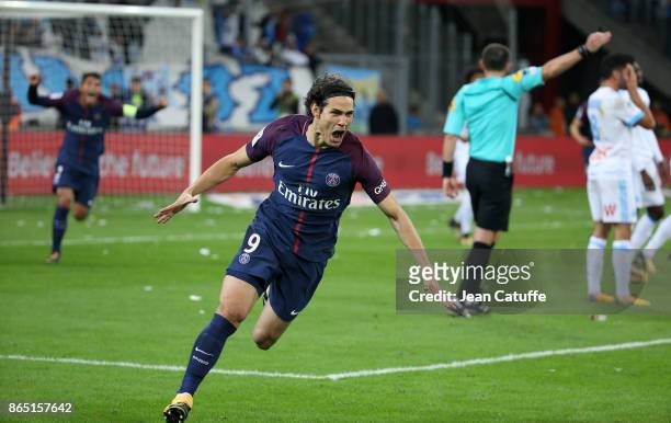 Edinson Cavani of PSG celebrates his goal tying the game at the last minute during the French Ligue 1 match between Olympique de Marseille and Paris...