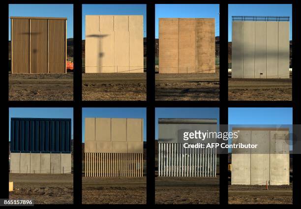 This combination of pictures shows the eight prototypes of US President Donald Trump's US-Mexico border wall being built near San Diego, in the US,...