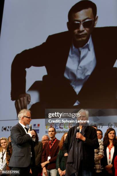 Thierry Fremaux and Bertrand Tavernier attend the closing ceremony of 9th Film Festival Lumiere on October 22, 2017 in Lyon, France. .