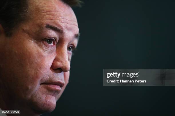Head coach Steve Hansen talks to the media during the New Zealand All Blacks Northern Tour Squad Announcement at Novotel Auckland Airport on October...