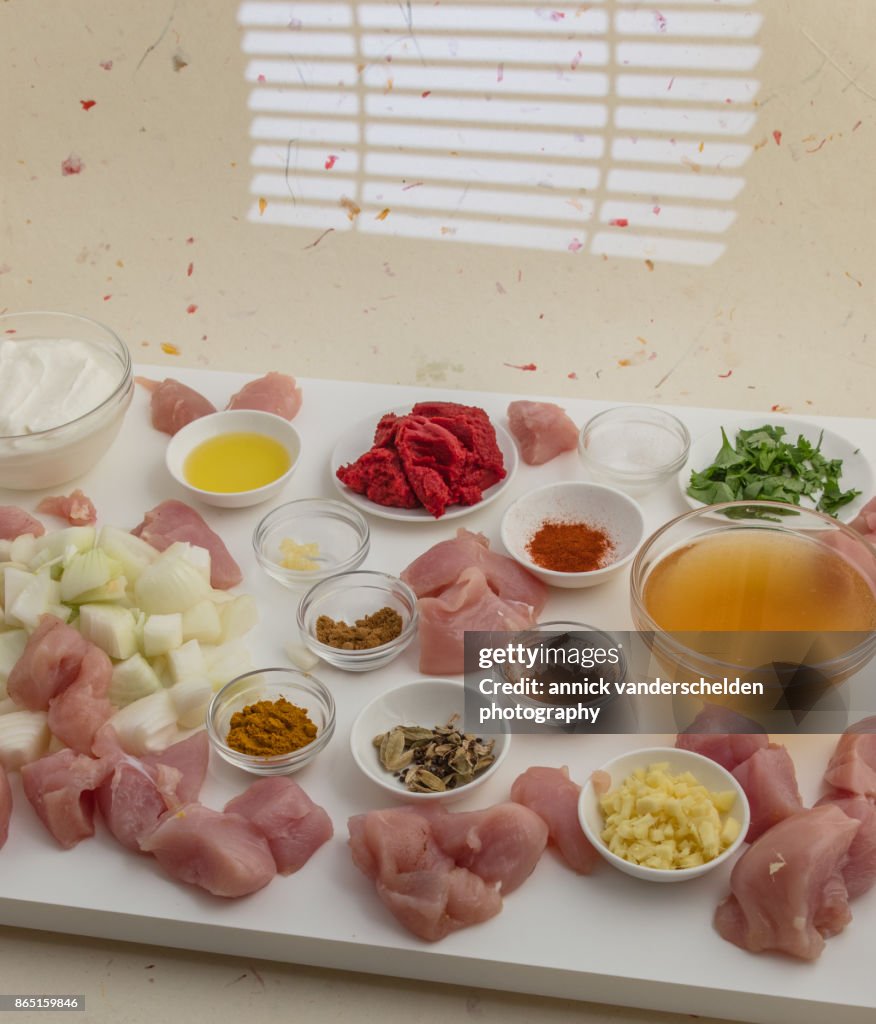 Chicken curry ingredients.