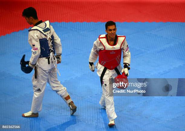 Armin Hadipour Seighalani of Iran and Tawin Hanprab of Thailand Seniors Male A +58 Semi - Final during 2017 London World Taekwondo Grand Prix - G4 at...