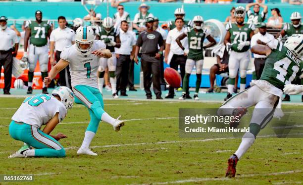 Miami Dolphins kicker Cody Parkey kicks the winning field goal in the final seconds of the fourth quarter as the Dolphins defeat the New York Jets on...