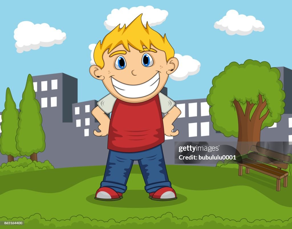 Un Niño Sonriendo En El Parque Con La Ciudad Fondo De Dibujos Animados Ilustración de stock - Getty Images Un Niño Sonriendo En El Parque Con La Ciudad Fondo De Dibujos Animados Ilustración de stock - Getty Images