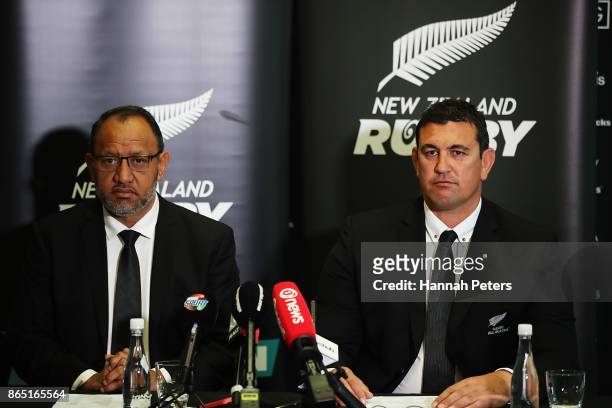 Deputy Chairman New Zealand Maori rugby board Bernard Te Pea and Maori All Blacks head coach Clayton McMillan speak to the media during the Maori All...