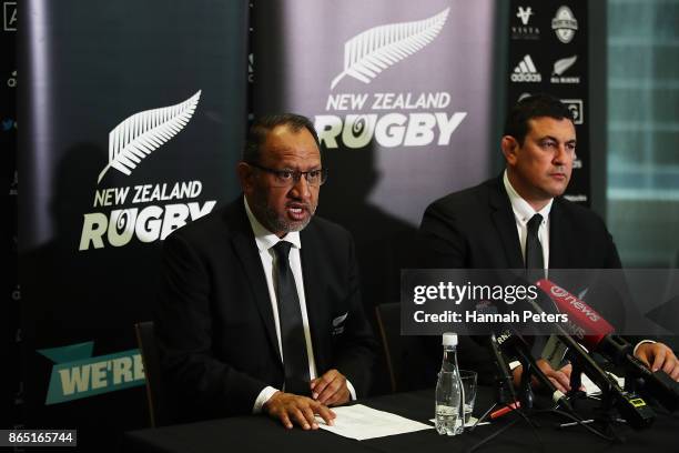 Deputy Chairman New Zealand Maori rugby board Bernard Te Pea and Maori All Blacks head coach Clayton McMillan speak to the media during the Maori All...