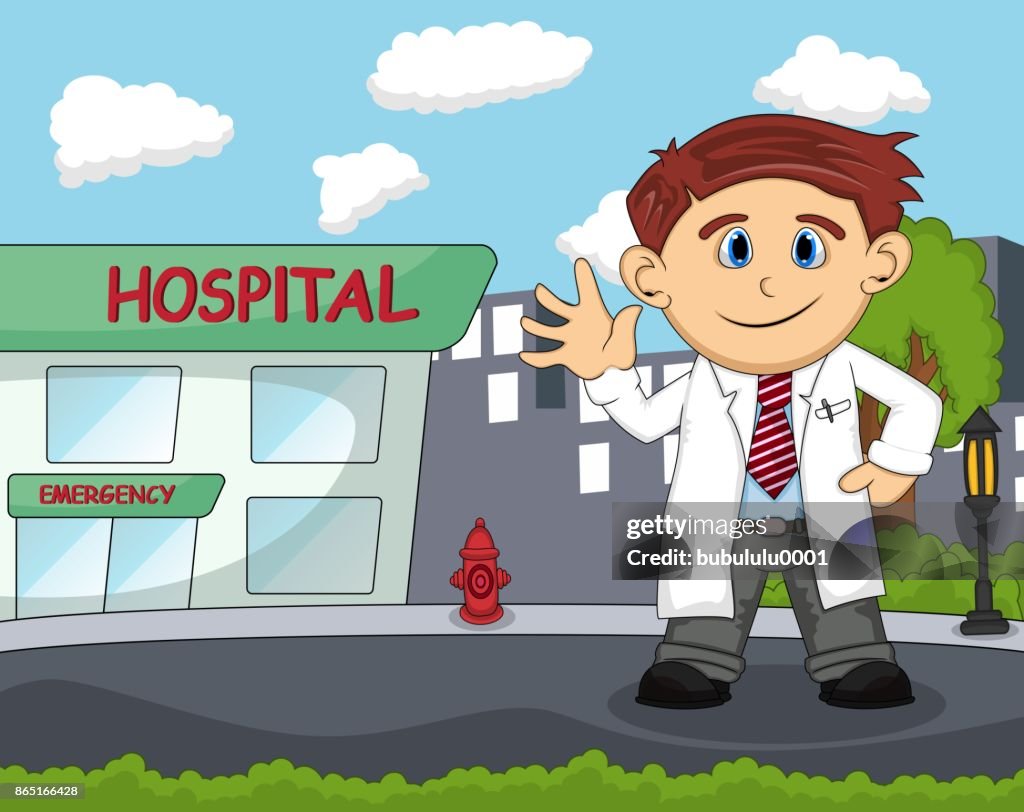 Un Médico Permanente Frente Al Hospital Con Dibujos Animados Fondo De Ciudad Ilustración de stock - Getty Images Un Médico Permanente Frente Al Hospital Con Dibujos Animados Fondo De Ciudad Ilustración de stock - Getty Images