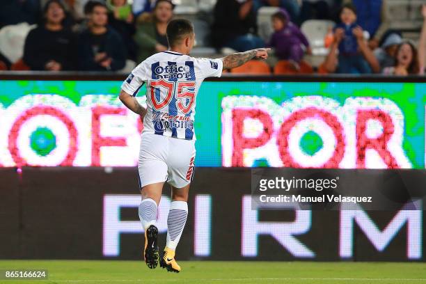 Victor Guzman of Pachuca celebrates after scoring the first goal of his team during the 14th round match between Pachuca and Puebla as part of the...