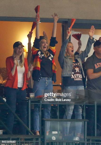 Model Kate Upton reacts after a strike out by the New York Yankees as the play against the Houston Astros in Game Seven of the American League...