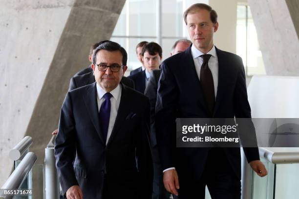 Ildefonso Guajardo Villarreal, Mexico's secretary of economy, left, and Denis Manturov, Russia's trade and industry minister, arrive for the Mexico...