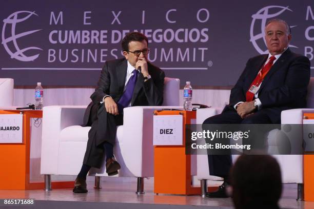 Ildefonso Guajardo Villarreal, Mexico's secretary of economy, left, participates in a panel discussion during the Mexico Business Summit in San Luis...