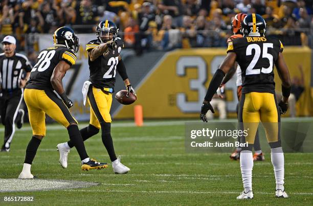 Joe Haden of the Pittsburgh Steelers reacts after intercepting a pass thrown by Andy Dalton of the Cincinnati Bengals in the second half during the...