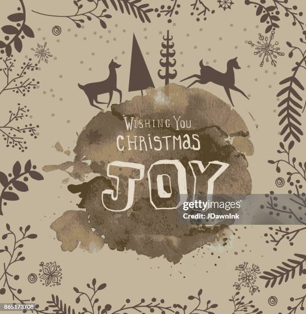 watercolor holiday christmas greeting design with deer and branches - winter run stock illustrations