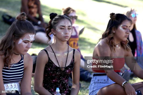 Festivalgoers particpate in the Guided Meditation with Walter Yoga at The Lookout during day 3 of the 2017 Lost Lake Festival on October 22, 2017 in...