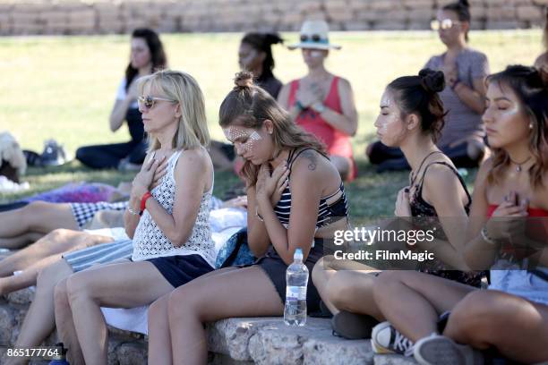 Festivalgoers particpate in the Guided Meditation with Walter Yoga at The Lookout during day 3 of the 2017 Lost Lake Festival on October 22, 2017 in...