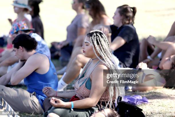 Festivalgoers particpate in the Guided Meditation with Walter Yoga at The Lookout during day 3 of the 2017 Lost Lake Festival on October 22, 2017 in...