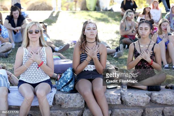 Festivalgoers particpate in the Guided Meditation with Walter Yoga at The Lookout during day 3 of the 2017 Lost Lake Festival on October 22, 2017 in...