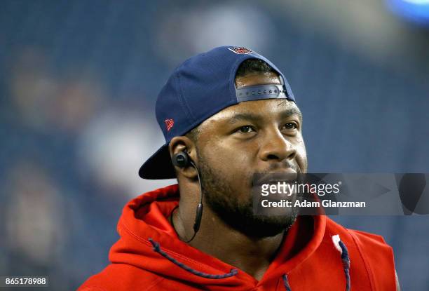 Dwayne Allen of the New England Patriots reacts as he warms up before a game against the Atlanta Falcons at Gillette Stadium on October 22, 2017 in...