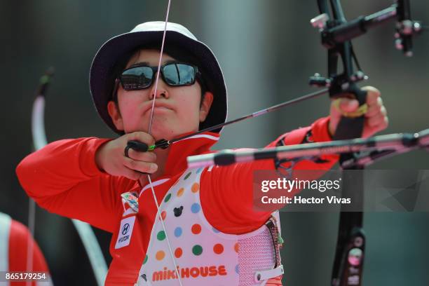 Sugimoto Tomomi of Japan lines up an arrow during the Bronze: Recurve Mixed Team Competition as part of the Mexico City 2017 World Archery...