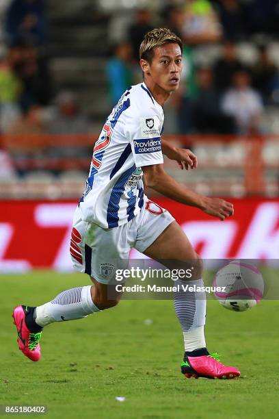 Keisuke Honda of Pachuca drives the ball during the 14th round match between Pachuca and Puebla as part of the Torneo Apertura 2017 Liga MX at...