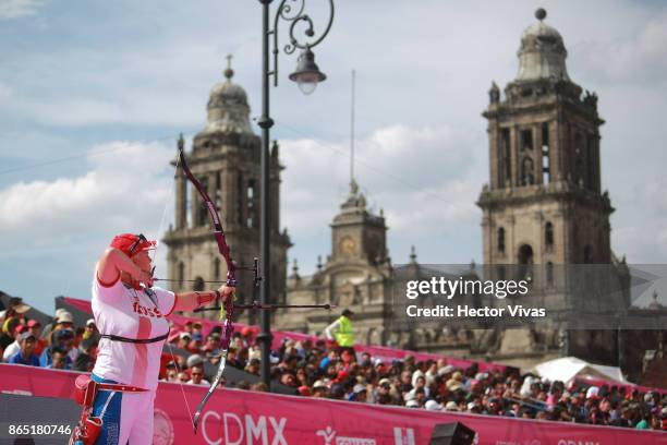 Ksenia Perova of Russia lines up an arrow during the Gold: Recurve Women Competition as part of the Mexico City 2017 World Archery Championships at...