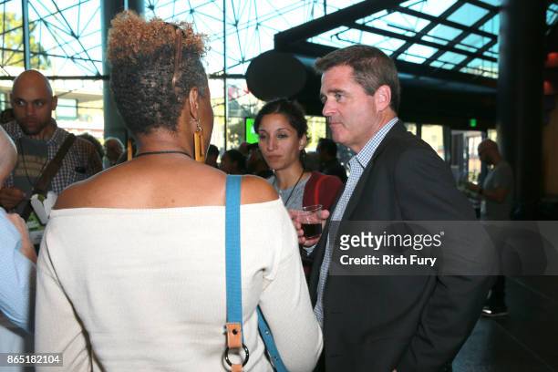 President of Film Independent Josh Welsh speaks with guests during day 3 of the Film Independent Forum at DGA Theater on October 22, 2017 in Los...