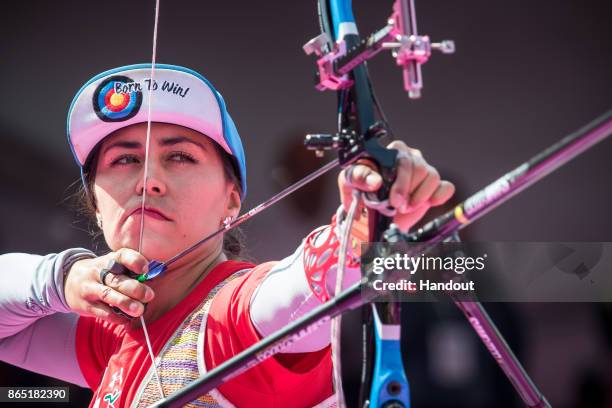 Aida Roman of Mexico shoots during the recurve womens team final at the 2017 Hyundai World Archery Championships on October 22, 2017 in Mexico City,...