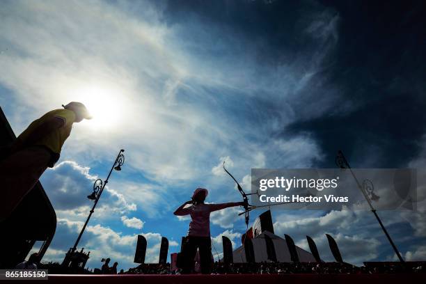 Chang Hye Jin of Korea lines up an arrow during the Gold: Recurve Women Competition as part of the Mexico City 2017 World Archery Championships at...