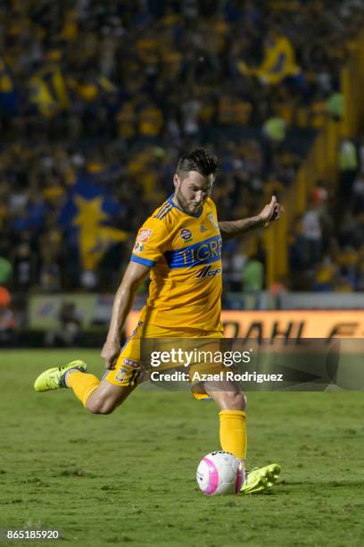 Andre-Pierre Gignac of Tigres kicks the ball during the 14th round match between Tigres UANL and Toluca as part of the Torneo Apertura 2017 Liga MX...