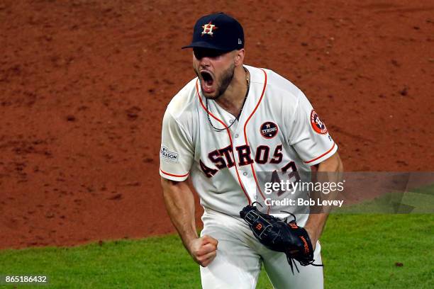 Lance McCullers Jr. #43 of the Houston Astros reacts after striking out Aaron Judge of the New York Yankees in the eighth inning of Game Seven of the...