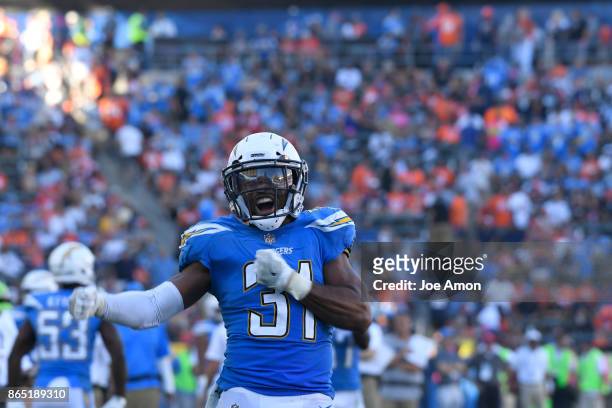 Carson, CA Strong safety Adrian Phillips of the Los Angeles Chargers celebrates stopping the Broncos on 4th down late ing the 4th quarter as the...