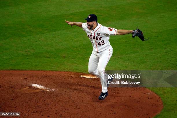 Lance McCullers Jr. #43 of Houston Astros celebrates after defeating the New York Yankees by a score of 4-0 to win Game Seven of the American League...