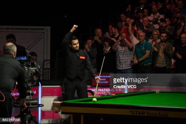 Ronnie O'Sullivan of England celebrates during the final match against Kyren Wilson of England on day seven of 2017 Dafabet English Open at Barnsley...