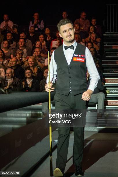 Kyren Wilson of England reacts during the final match against Ronnie O'Sullivan of England on day seven of 2017 Dafabet English Open at Barnsley...