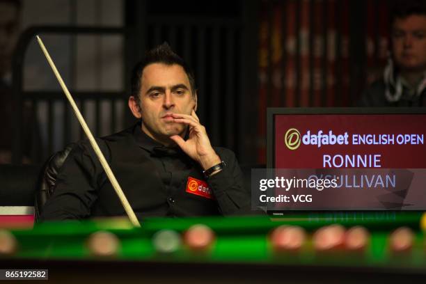 Ronnie O'Sullivan of England reacts during the final match against Kyren Wilson of England on day seven of 2017 Dafabet English Open at Barnsley...