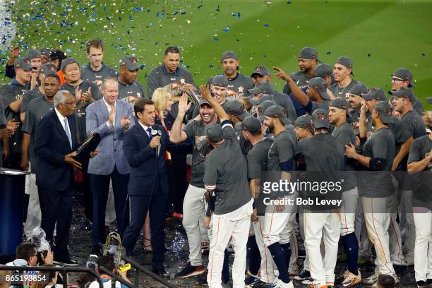 The Houston Astros celebrate after defeating the New York Yankees by a score of 4-0 to win Game Seven of the American League Championship Series at...