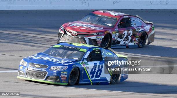 Jimmie Johnson in the 48 car heads for the pits after spinning out in the 187th lap on Sunday, Oct. 22, 2017 during the NASCAR Hollywood Casino 400...