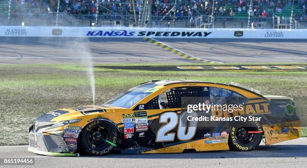 Damaged Matt Kenseth car sits on pit row following a multi-car wreck in the 198th lap on Sunday, Oct. 22, 2017 during the NASCAR Hollywood Casino 400...