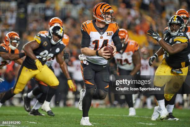 Cincinnati Bengals quarterback Andy Dalton is pressured by Pittsburgh Steelers inside linebacker Vince Williams and nose tackle Javon Hargrave during...