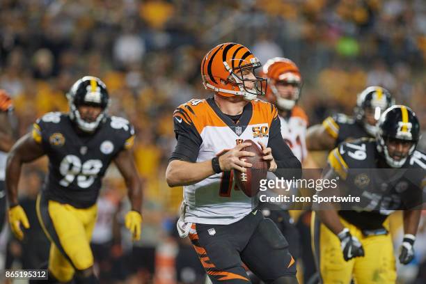 Cincinnati Bengals quarterback Andy Dalton is pressured by Pittsburgh Steelers inside linebacker Vince Williams and nose tackle Javon Hargrave during...